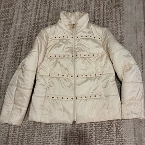 Chico's Women's Ivory White Quilted Puffer Jacket Coat Sz 2 Studded Zip Front